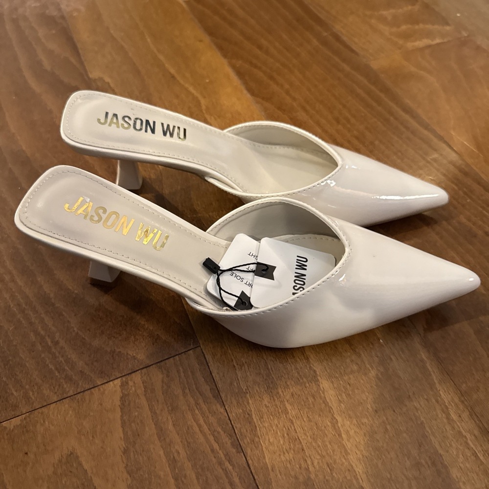Jason Wu Women's Pointed Toe Kitten Heels White Patent Leather Torai New - Picture 2 of 4